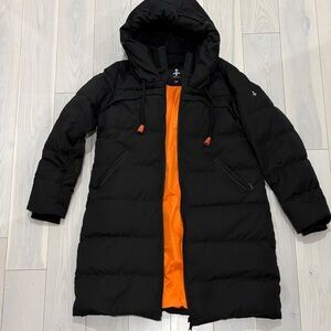 Black Hooded Puffer Coat with Orange Lining